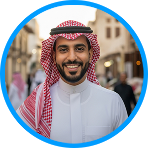 Headshot of a man with sunglasses in a blue circle