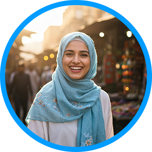 Headshot of a woman with two hair buns in a white circle